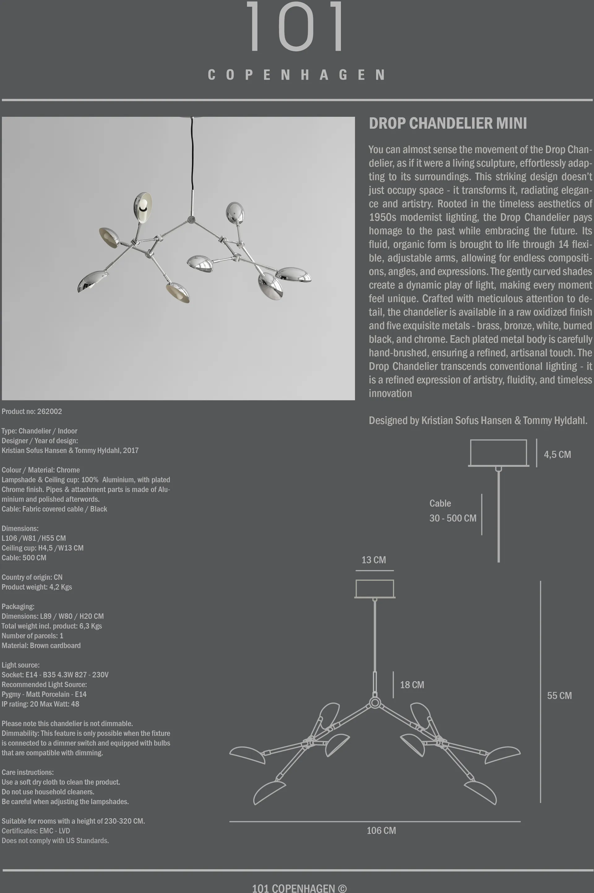 Drop Chandelier Deckenleuchte mini, Chrome 101 Copenhagen