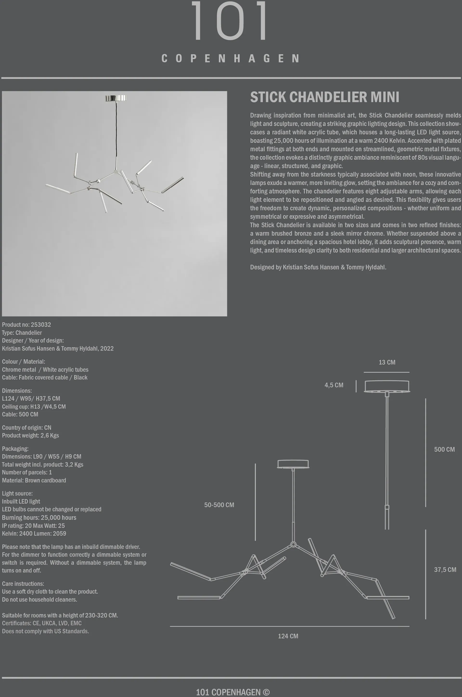 Stick chandelier Kronleuchter mini, Chrome 101 Copenhagen