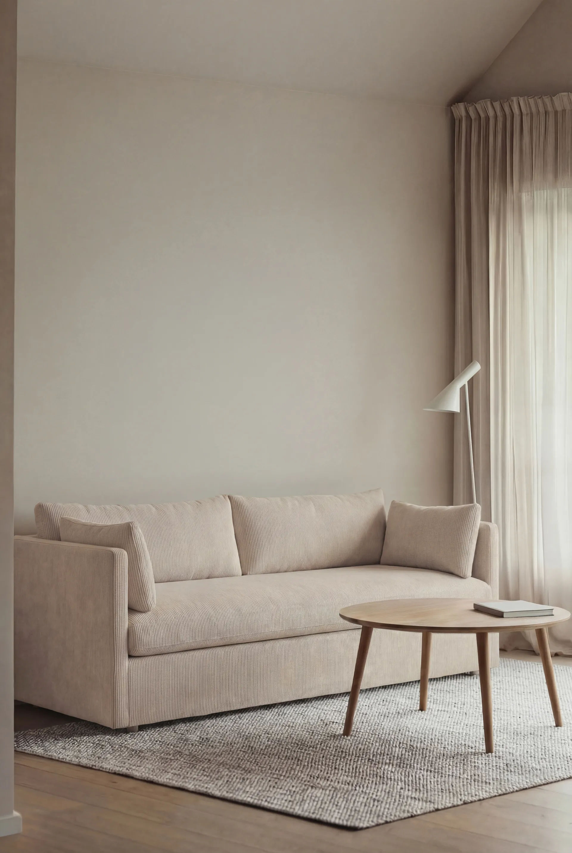 Linnevik Sofa, Jump Beige 1956-Eiche weiß geölt, 3-sitzig, mit Volant 1898