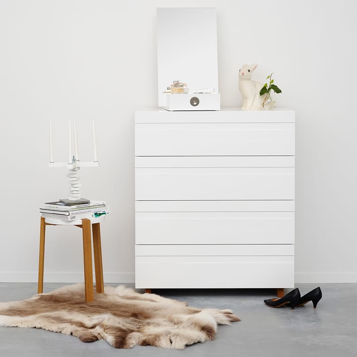 White Kommode 4 Schubladen, Eichen Beine A2
