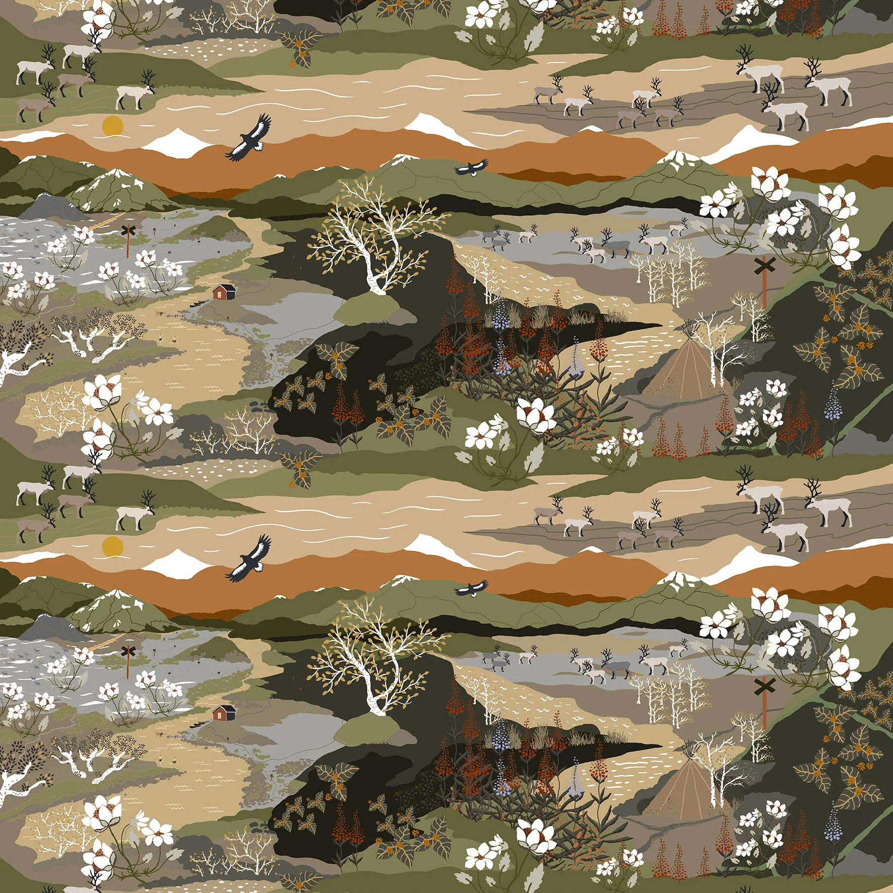 Bergwanderung Stoff, Grün-rost Arvidssons Textil
