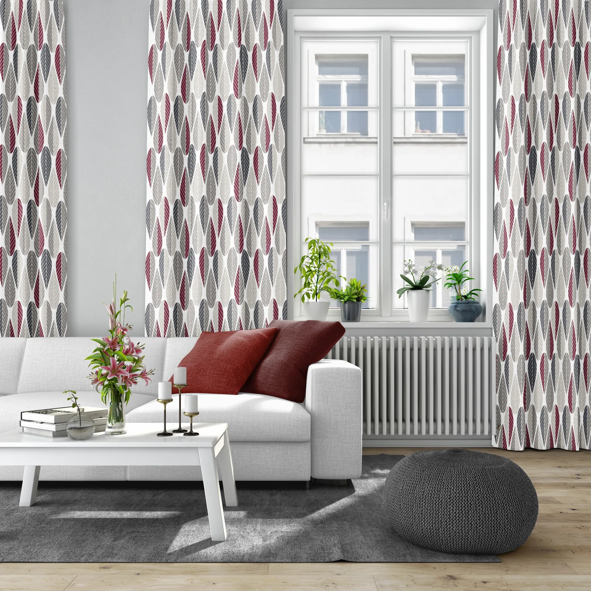 Blader Stoff, Grau-rot Arvidssons Textil