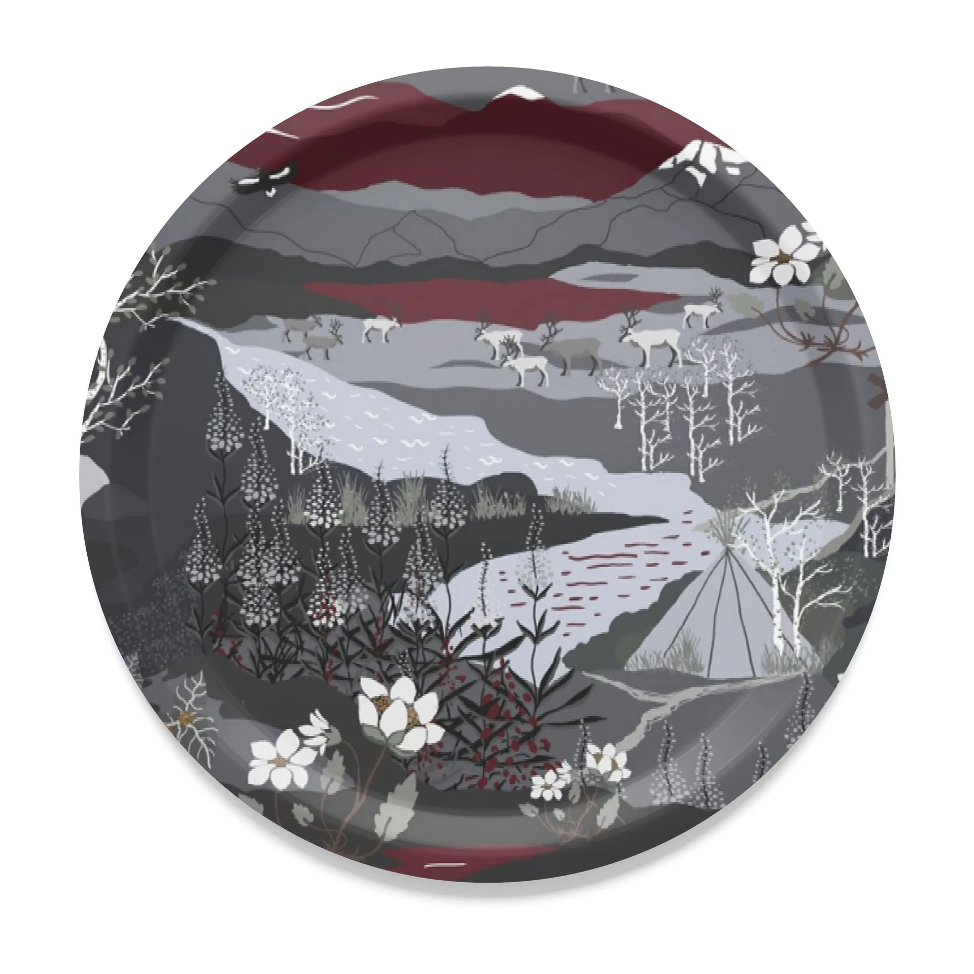 Fjällvandring Tablett Ø31cm, Grau-Weinrot Arvidssons Textil