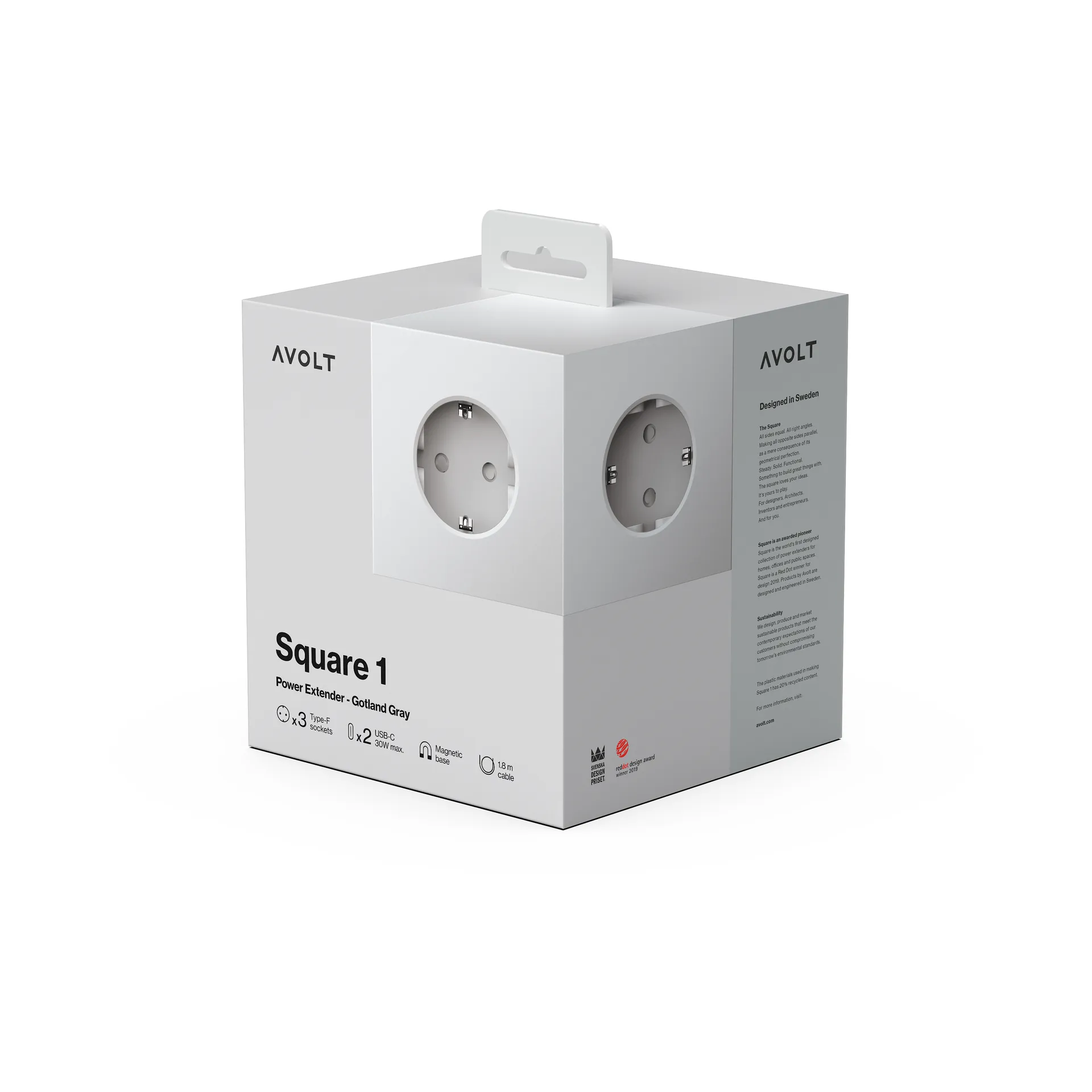 Square 1 Steckdosenleiste USB-C 30W 3 m, Gotland Gray Avolt