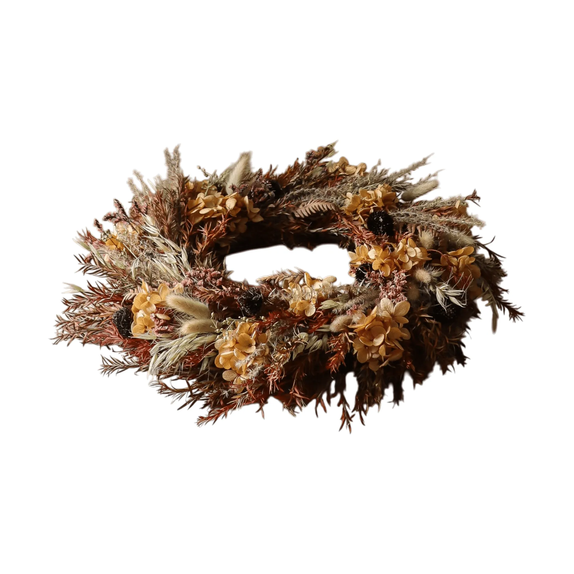 Golden Meadow Wreath Blumenkranz, Hortensie-getrocknetes Gras-Farn-Hasenohren, Ø40 cm Botané