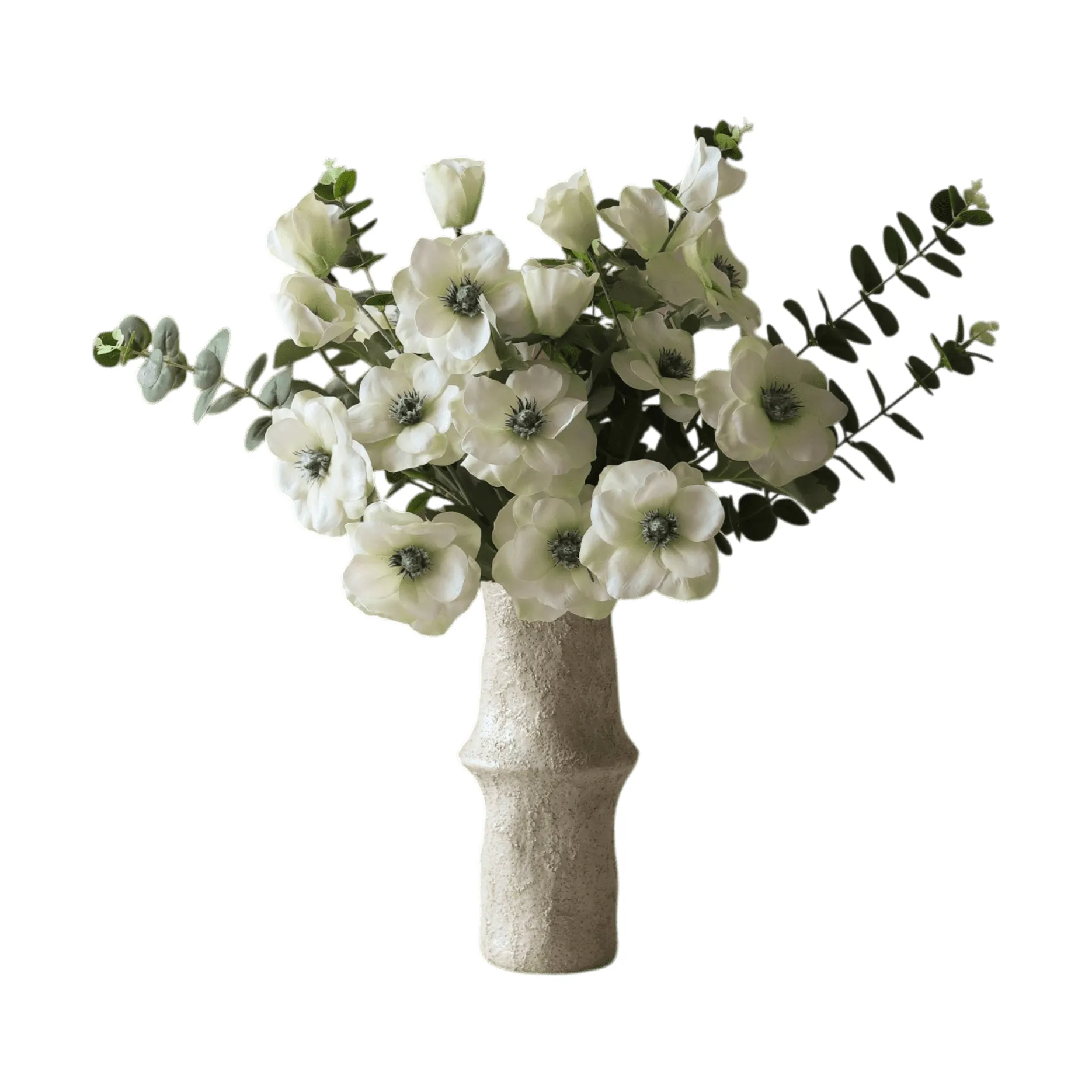 White Satin Kunstblumen-Bouquet, Anemone-Eukalyptus 9 St. Botané