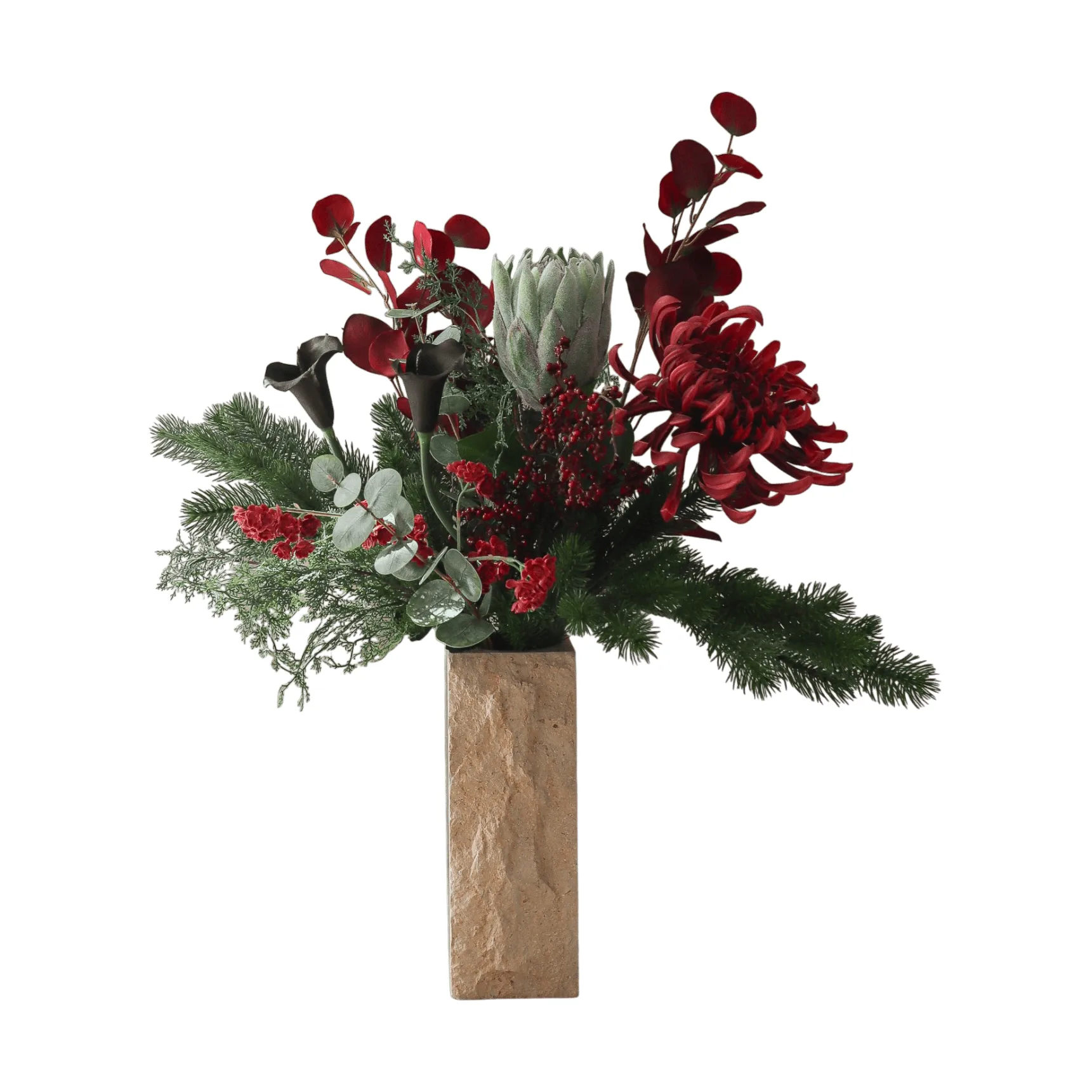 Wilder Winter Kunstblumenstrauß, Protea, Spinnen-Chrysantheme, Calla, Eukalyptus, 84 cm Botané