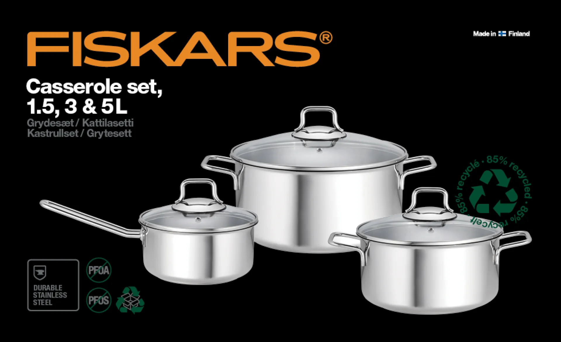 Fiskars Topfset mit Glasdeckel 3 Teile, Edelstahl Fiskars