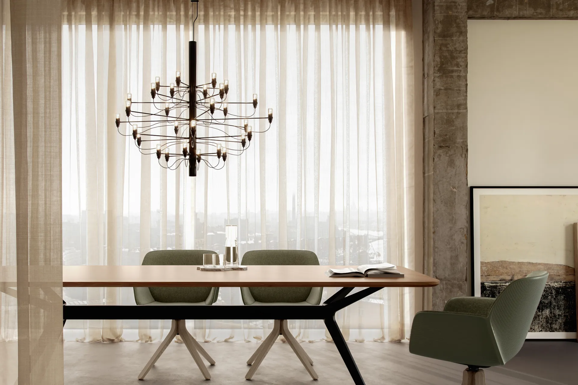 2097 Sarfatti Kronleuchter, Mattschwarz 30 Lampen Flos