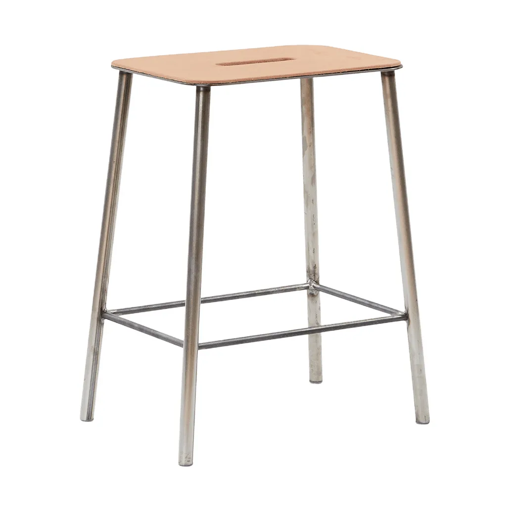 Adam Hocker, Raw steel-natural leather, H:50 cm FRAMA