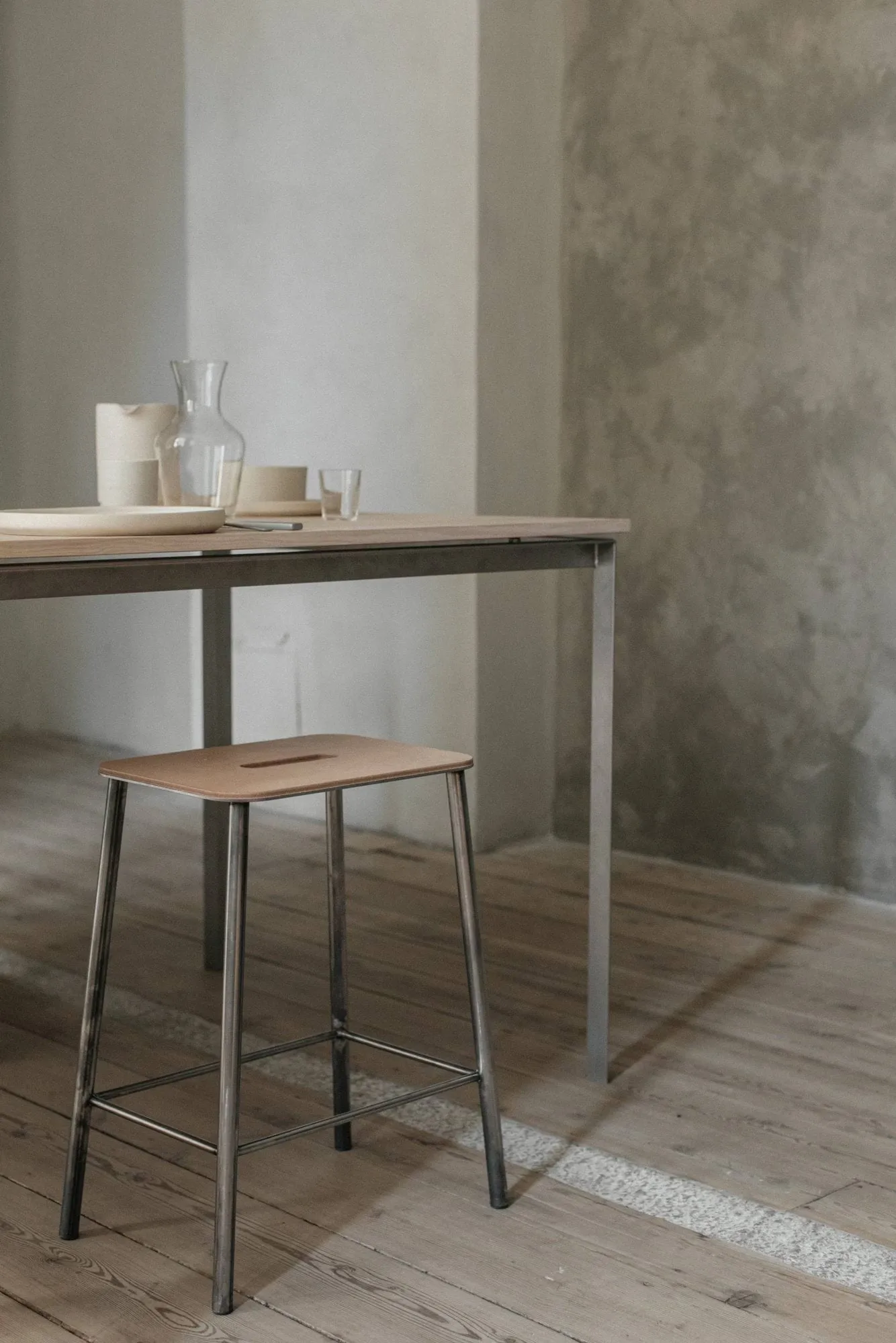 Adam Hocker, Raw steel-natural leather, H:50 cm FRAMA