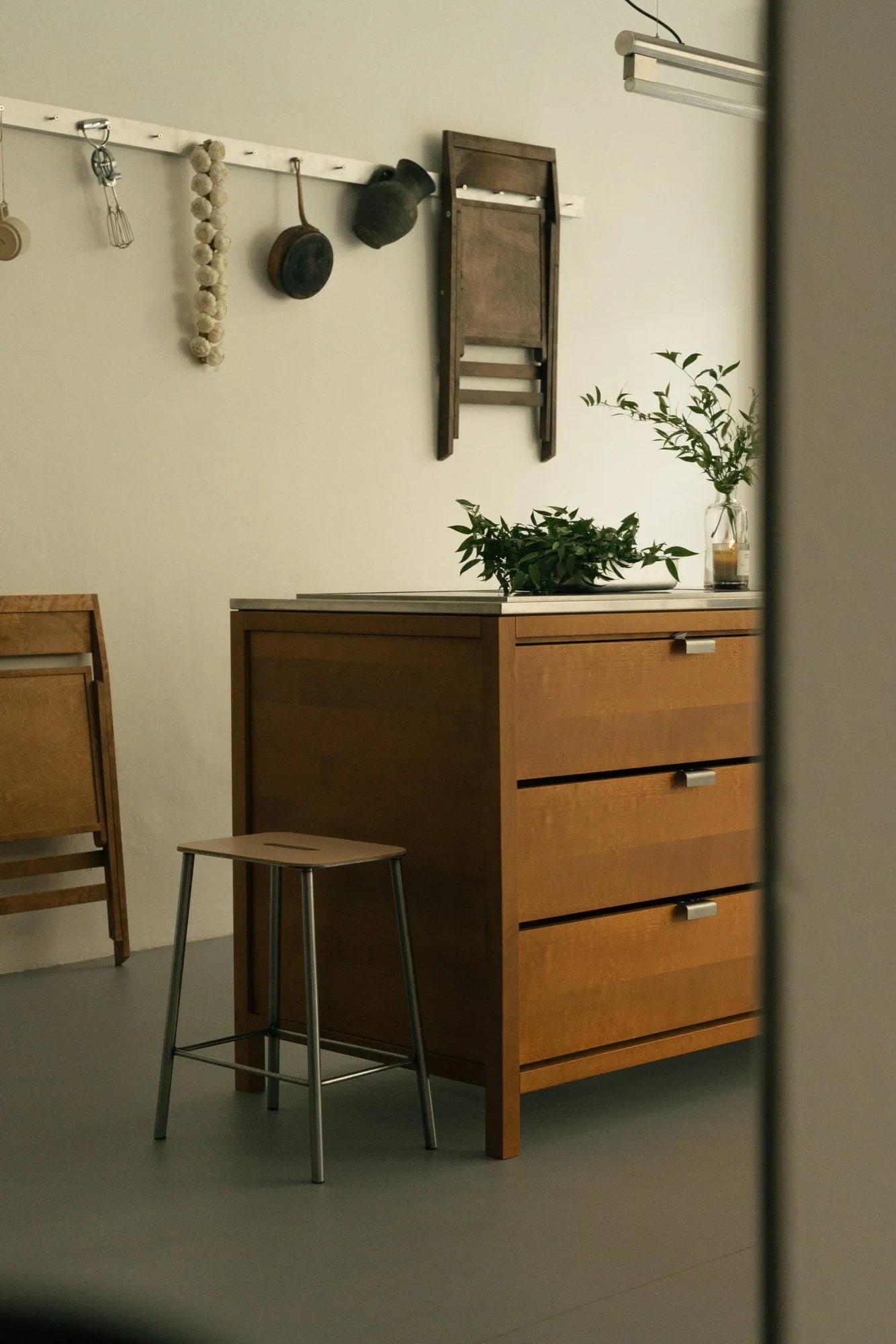 Adam Hocker, Raw steel-natural leather, H:65 cm FRAMA
