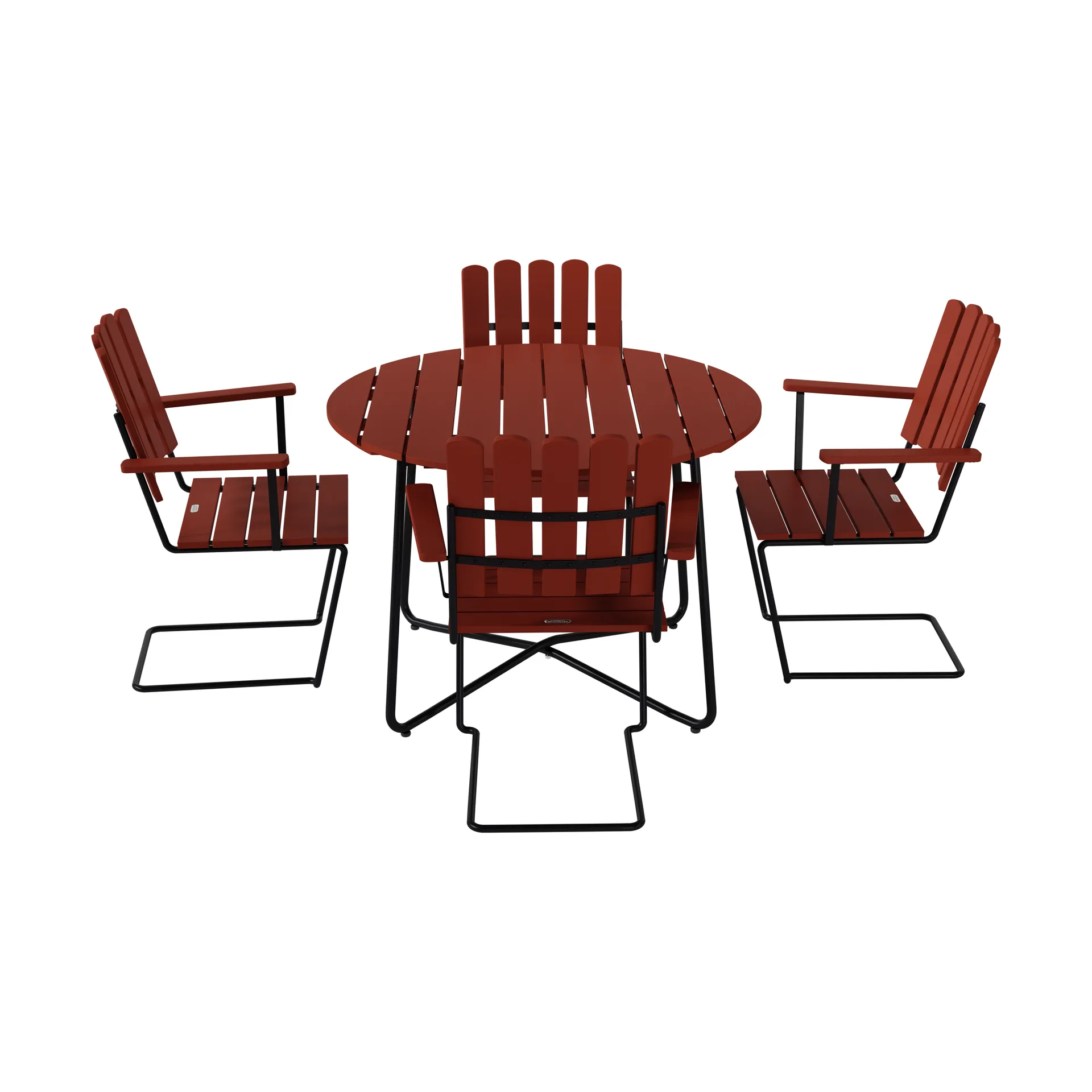 9A Esstisch Ø100 cm + 4 A2 Sessel, dunkelrote Eiche-schwarzes Gestell Grythyttan Stålmöbler