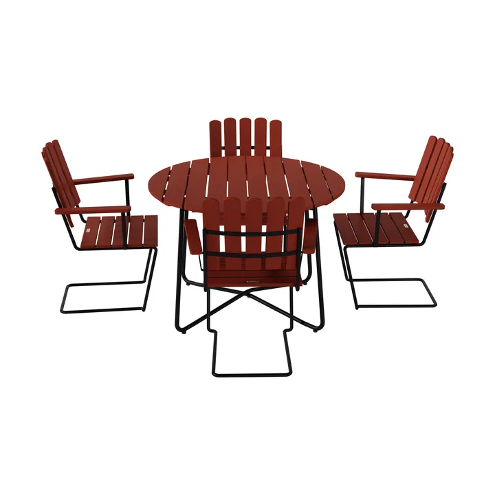 9A Esstisch Ø100 cm + 4 A2 Sessel, dunkelrote Eiche-schwarzes Gestell - Grythyttan Stålmöbler