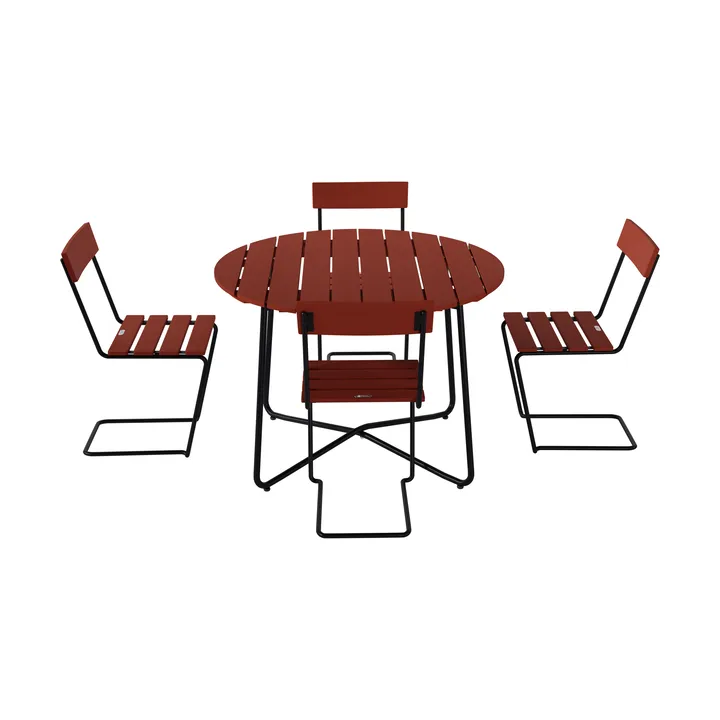 9A Esstisch Ø100 cm + 4 Stühle 1, dunkelrot Eiche-schwarzes Gestell - Grythyttan Stålmöbler