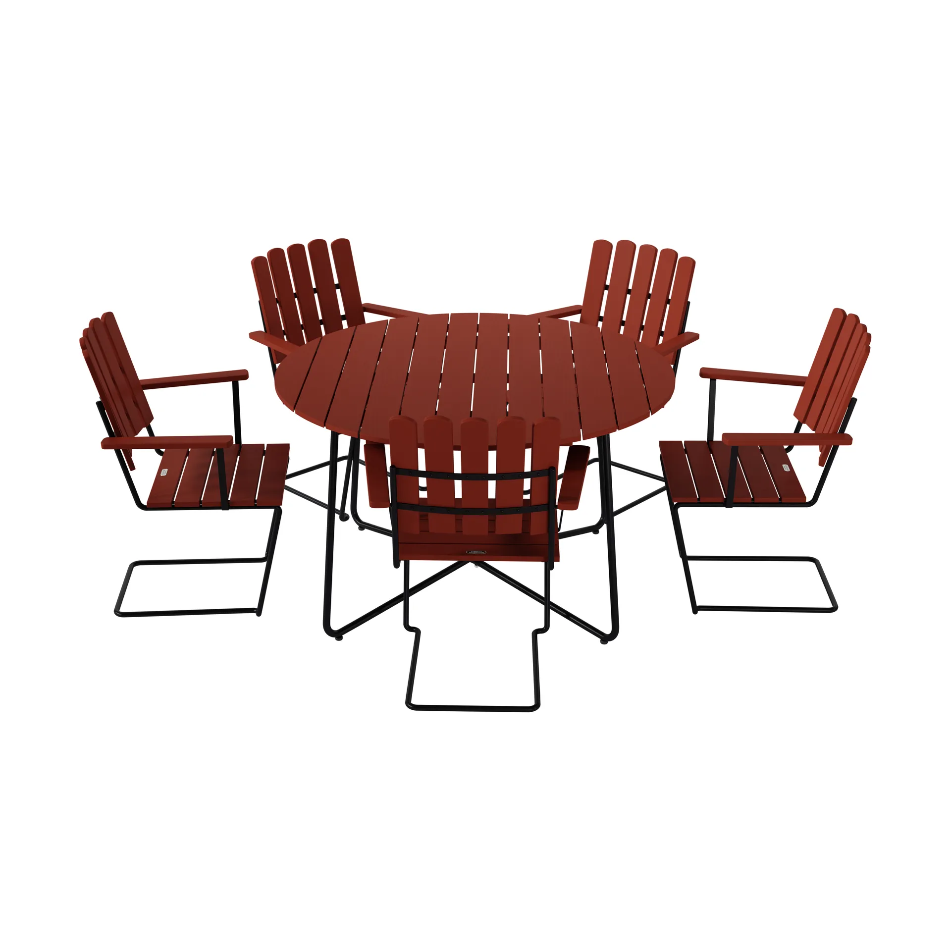 9A Esstisch Ø120 cm + 5 A2 Sessel, dunkelrote Eiche-schwarzes Gestell,  Grythyttan Stålmöbler