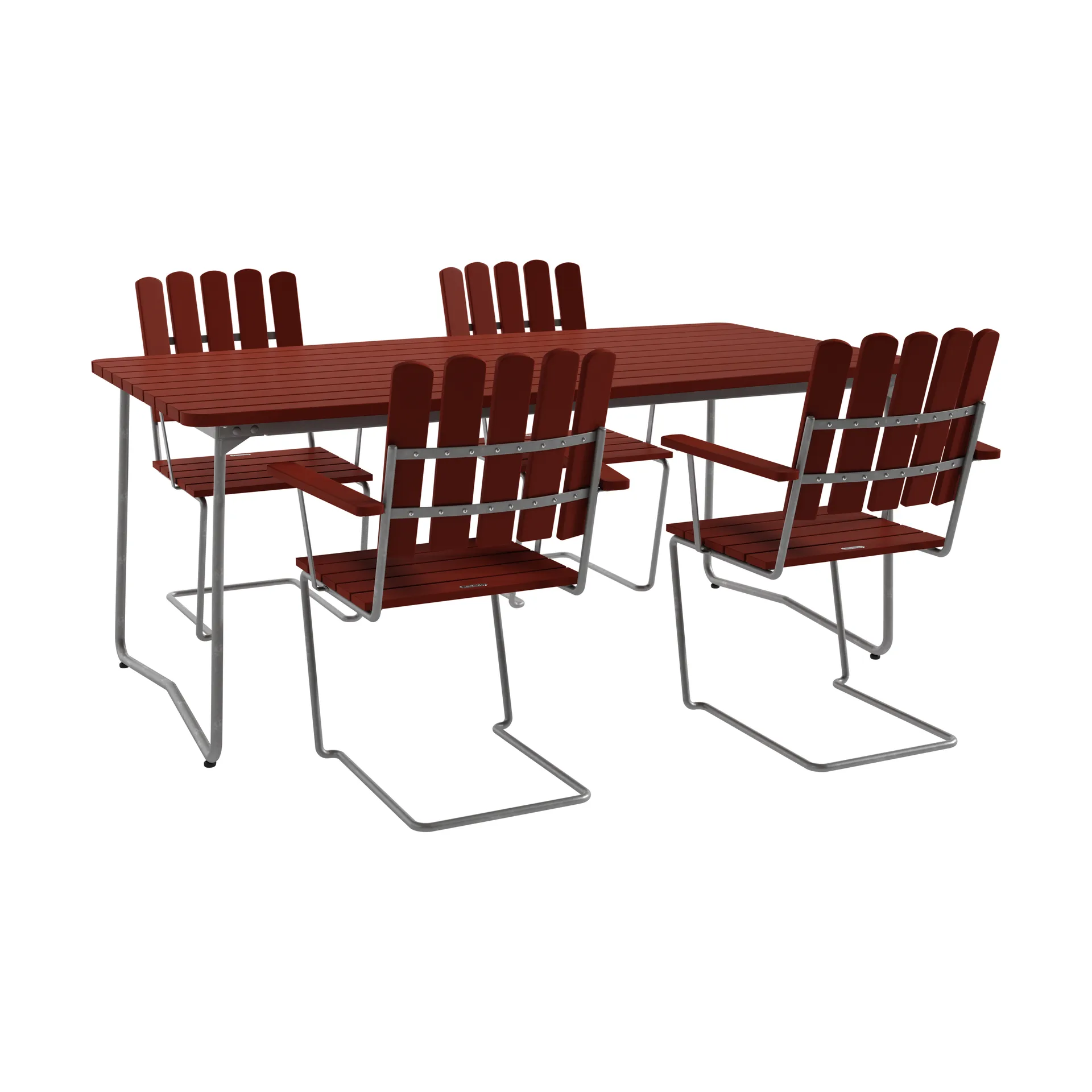 B31 Esstisch 170 cm + 4 A2 Sessel, dunkelrot-warmverzinktes Gestell,  Grythyttan Stålmöbler