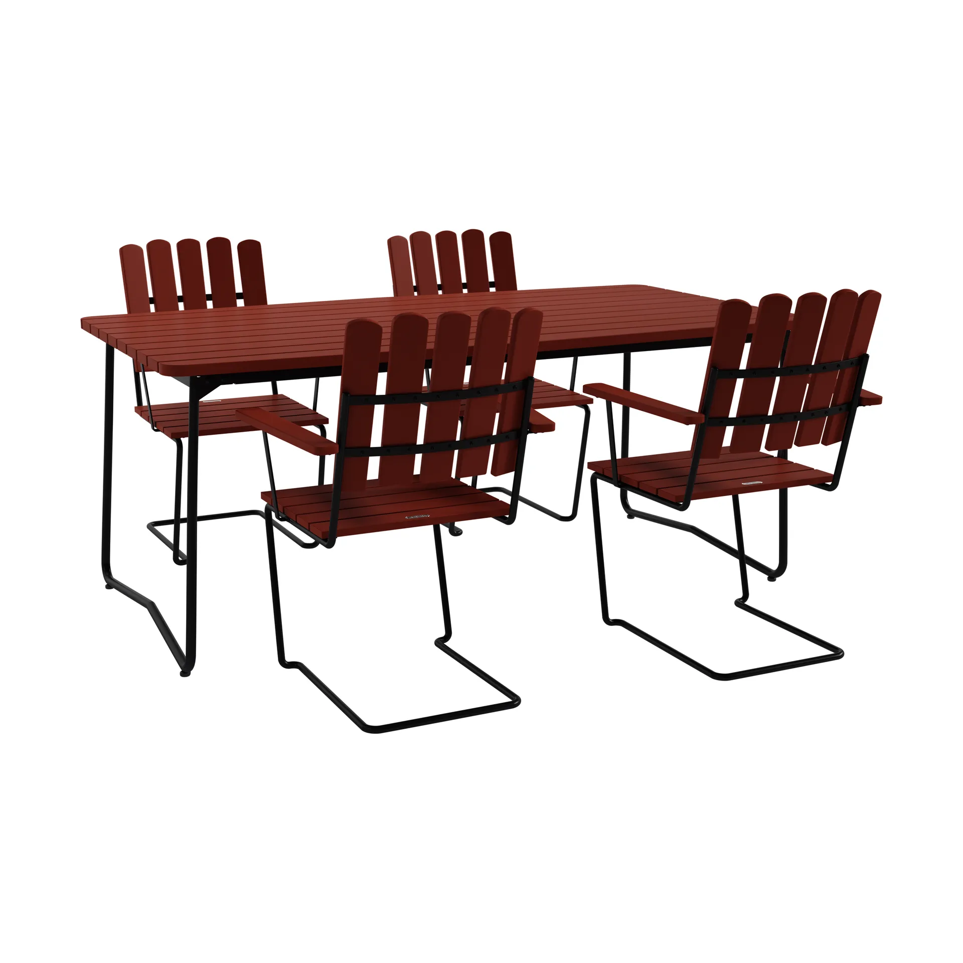 B31 Esstisch 170 cm + 4 A2 Sessel, dunkelrote Eiche-schwarzes Gestell,  Grythyttan Stålmöbler
