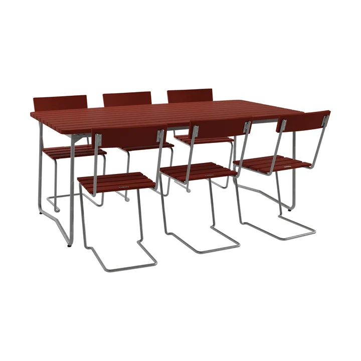 B31 Esstisch 170 cm + 6 Stühle 1, dunkelrot-warmverzinktes Gestell - Grythyttan Stålmöbler
