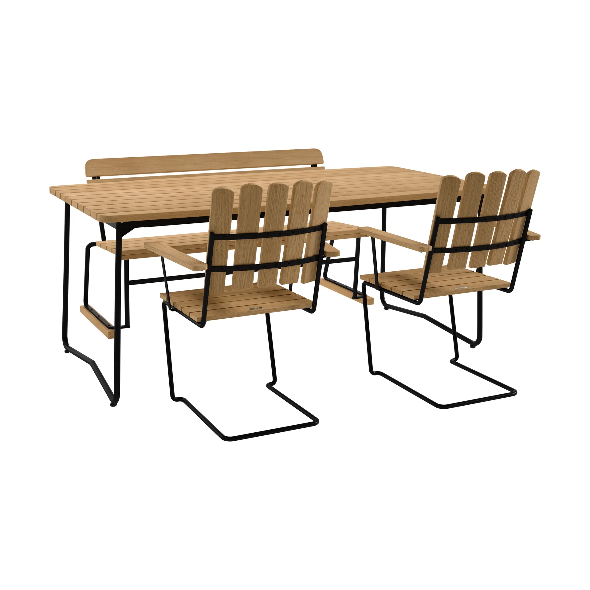 B31 Tisch 170 cm + 2 A2 Sessel + 3-Sitzer Sofa, geölte Eiche-schwarzes Gestell Grythyttan Stålmöbler