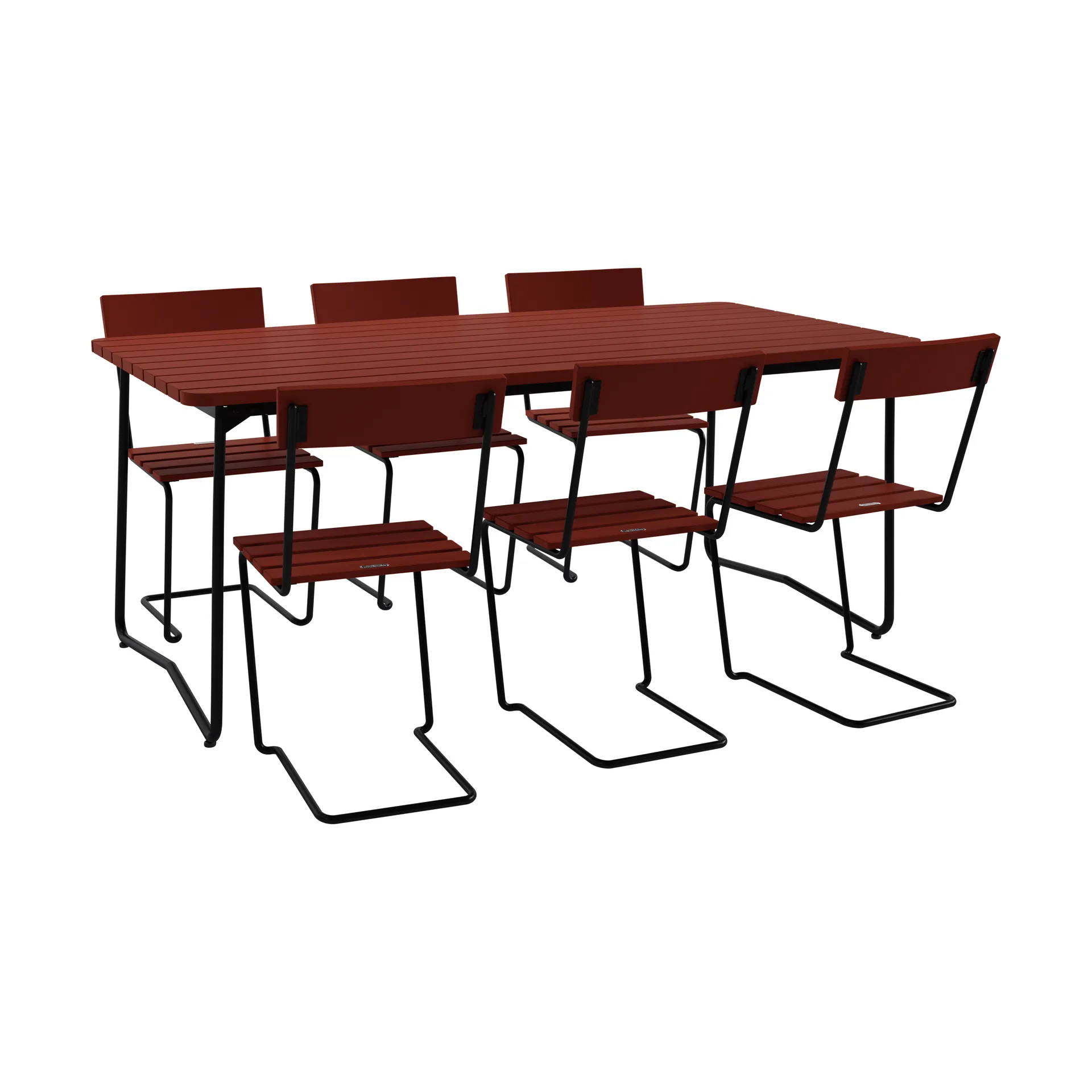 B31 Tisch 170 cm + 6 Stühle 1, dunkelrot Eiche-schwarzes Gestell,  Grythyttan Stålmöbler