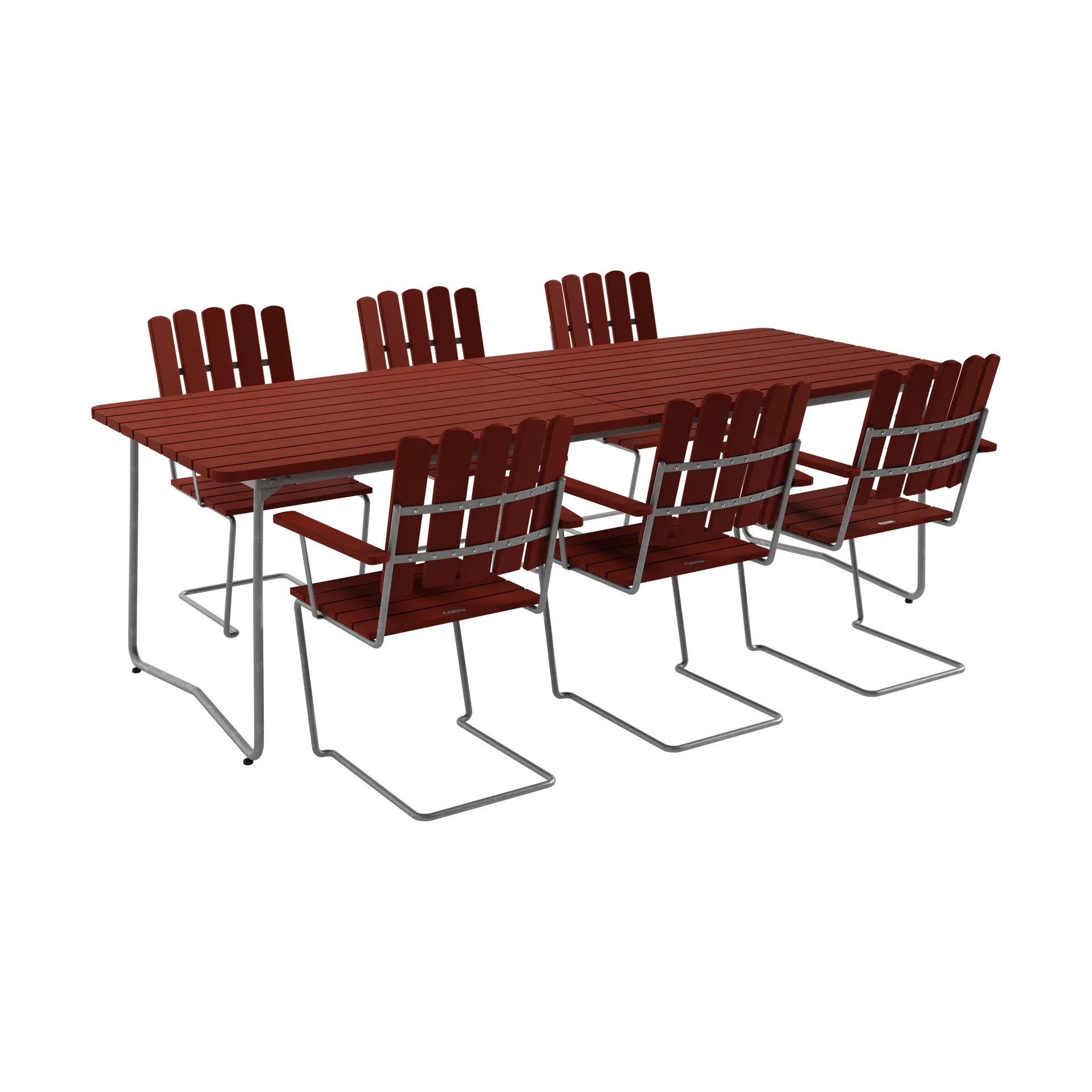 B31 Tisch 230 cm + 6 A2 Sessel, dunkelrot-warmverzinktes Gestell,  Grythyttan Stålmöbler