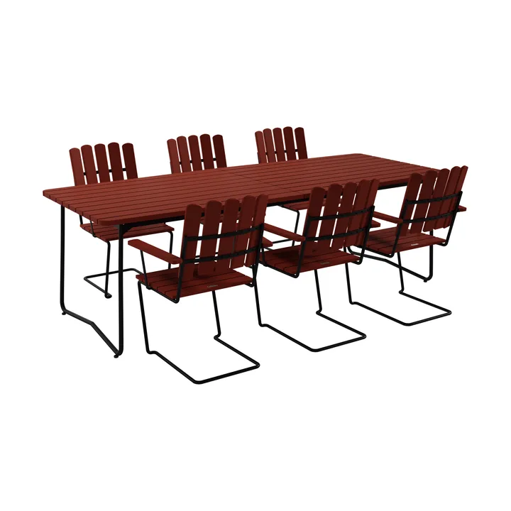 B31 Tisch 230 cm + 6 A2 Sessel, dunkelrote Eiche-schwarzes Gestell - Grythyttan Stålmöbler