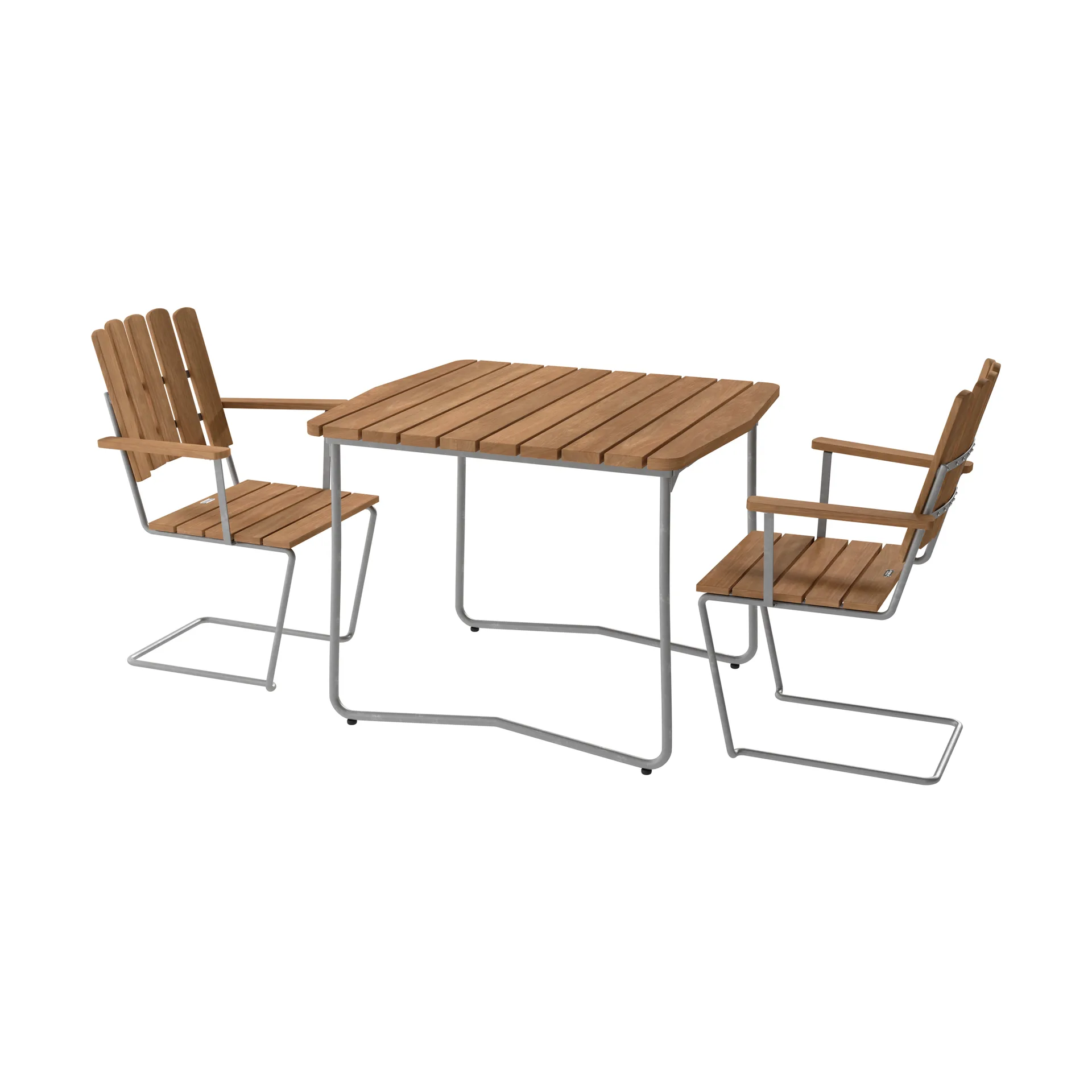 B31 Tisch 92 cm + 2 A2 Sessel, Teak-warmverzinktes Gestell Grythyttan Stålmöbler