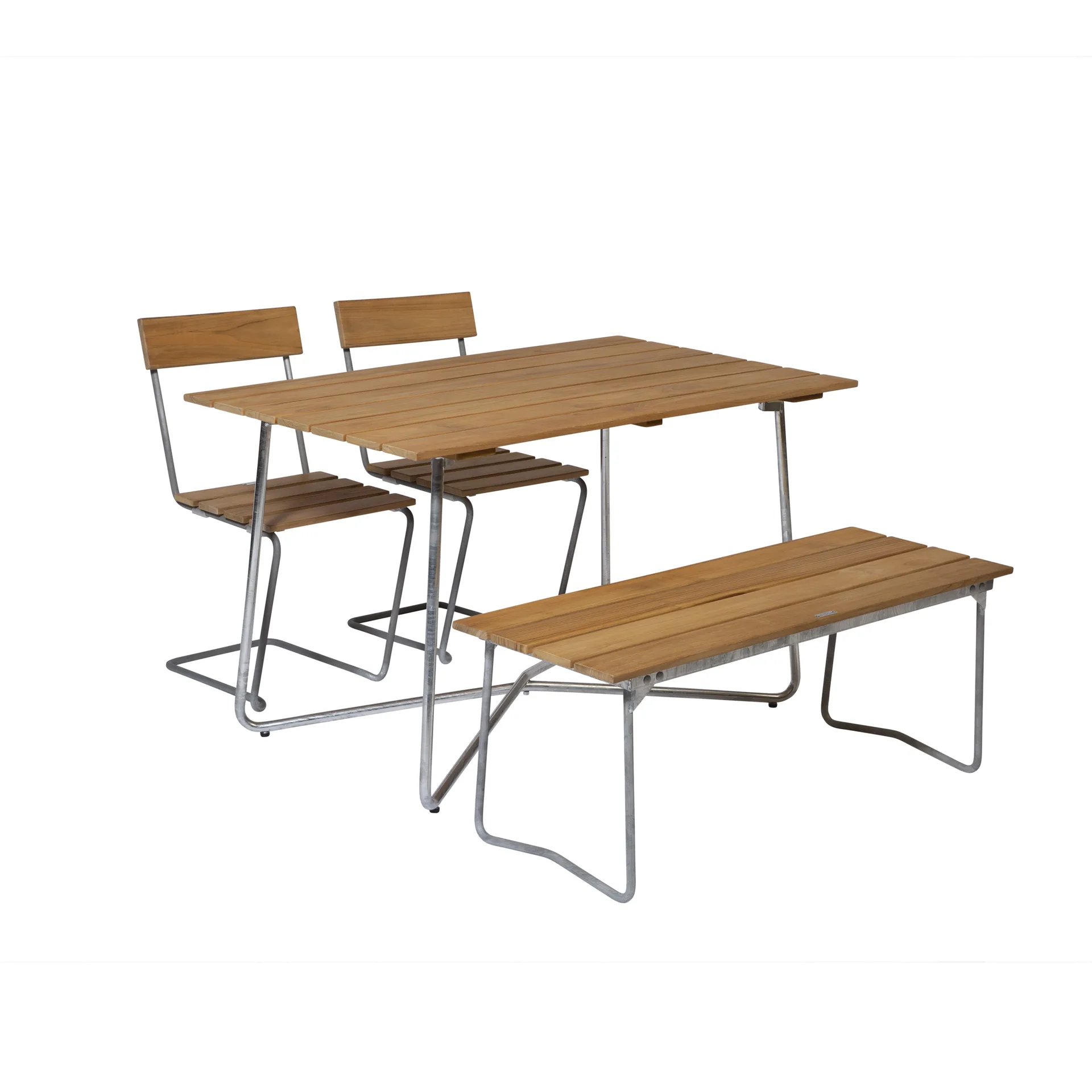 Grythyttan Esstisch-Set B25A + 2 Stk. Stuhl 1 + Bank 8 Teak Grythyttan Stålmöbler