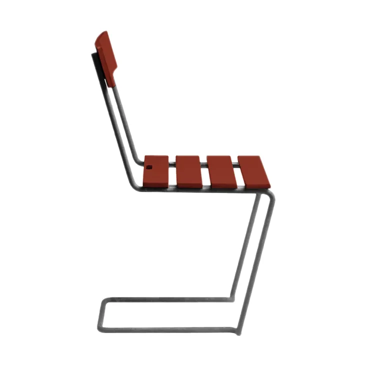 Stuhl 1, Dunkelrot lackierte Eiche – warmverzinktes Gestell Grythyttan Stålmöbler