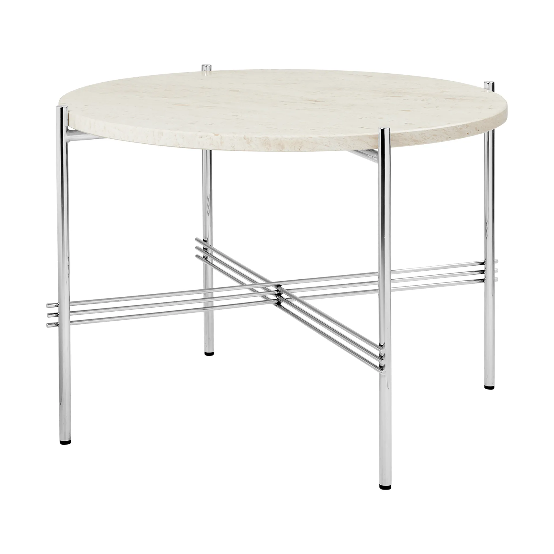 TS Beistelltisch polierter Stahl Ø55, Neutral white travertine GUBI