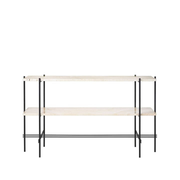 TS Console Beistelltisch 120x30x72 cm - Natural white travertine, Schwarzes Gestell, 2 Marmorplatten - GUBI