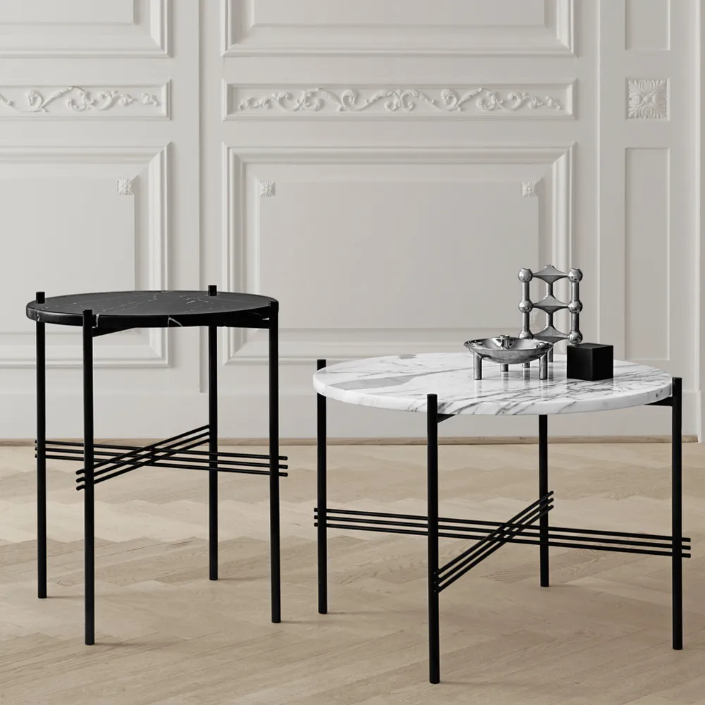 TS Round Couchtisch, Black marquina marble, ø105, schwarzes Gestell GUBI