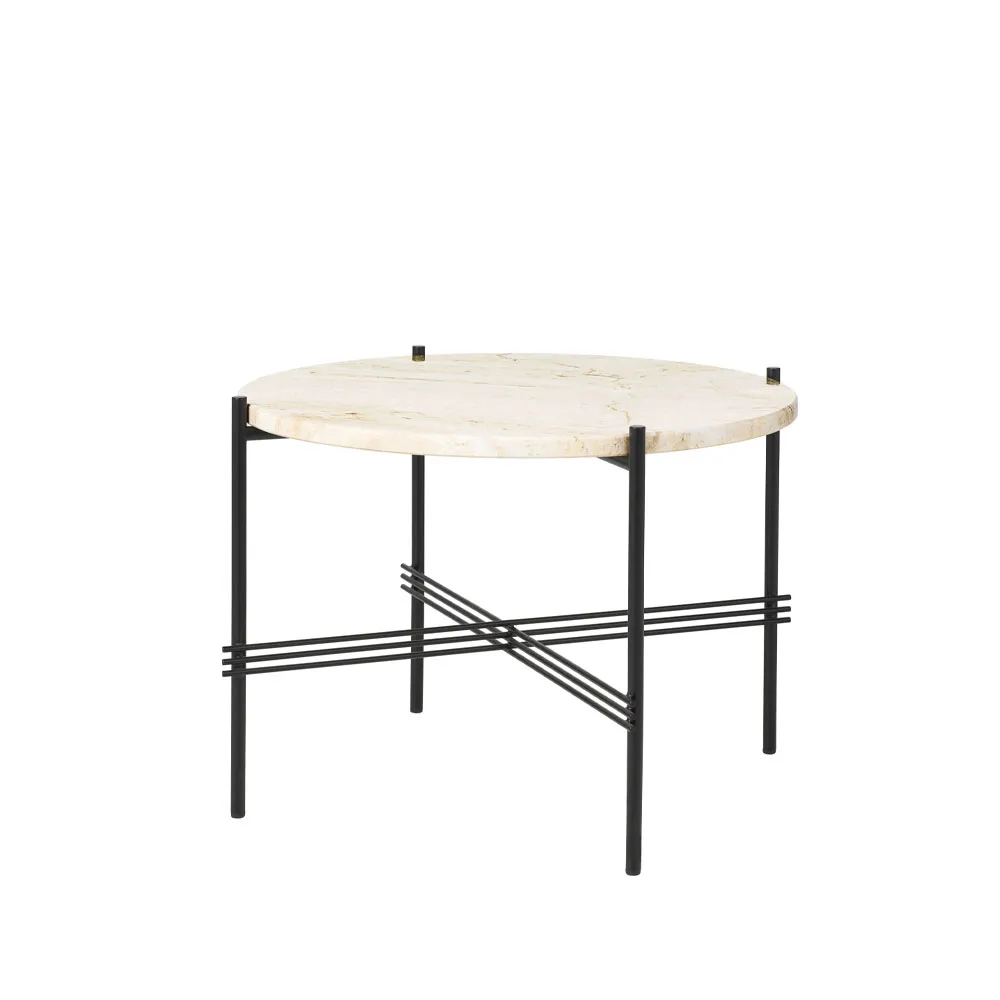 TS Round Couchtisch, Natural white travertine, ø55, schwarzes Gestell GUBI