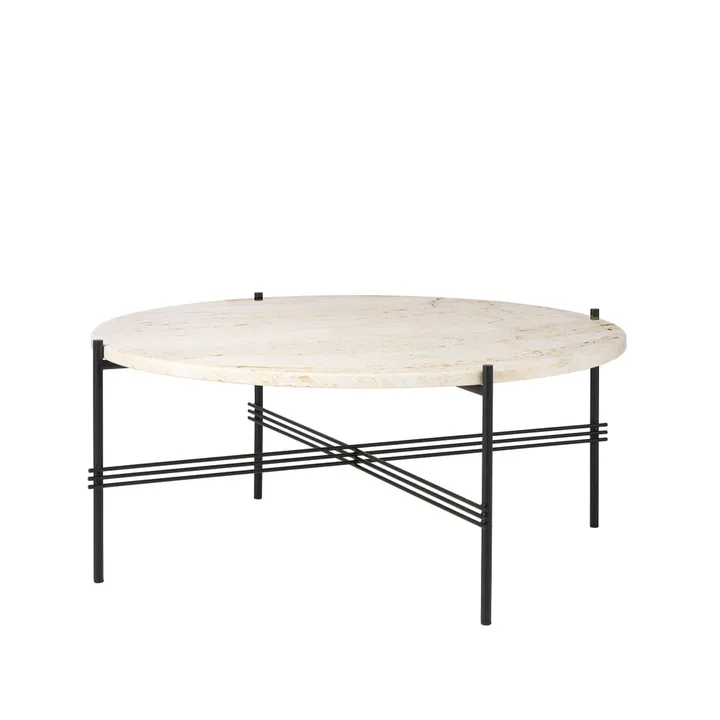 TS Round Couchtisch - Natural white travertine, ø80, schwarzes Gestell - GUBI
