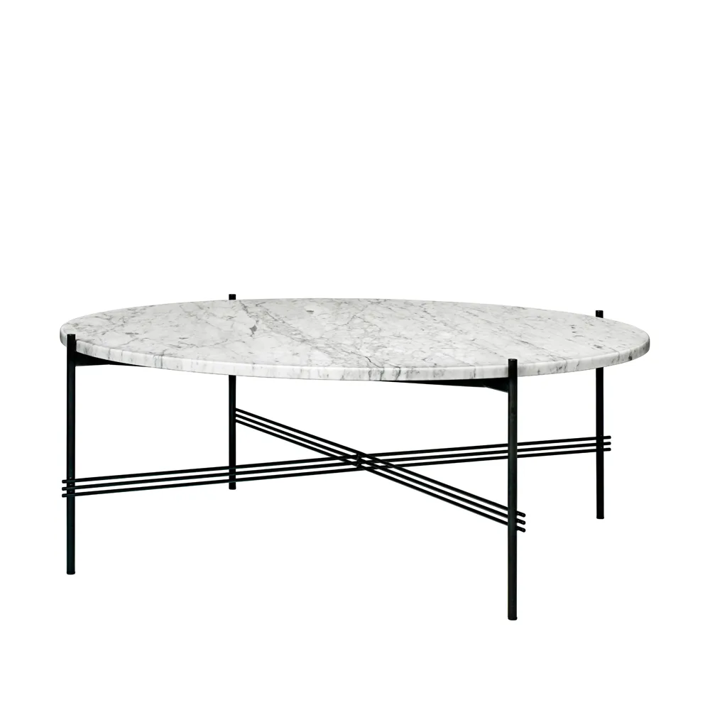TS Round Couchtisch, White carrara marble, ø105, schwarzes Gestell GUBI