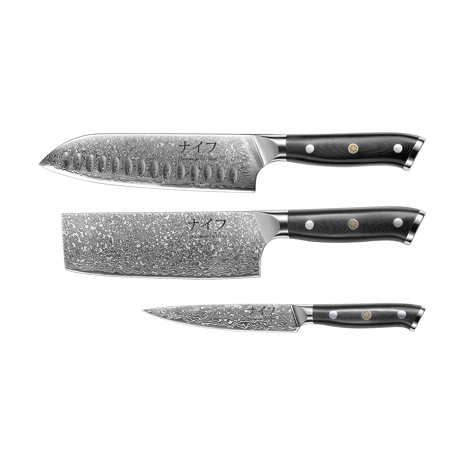 Damascus By Hâws Messer-Set 3-teilig, Schwarz-rostfreier Stahl Hâws
