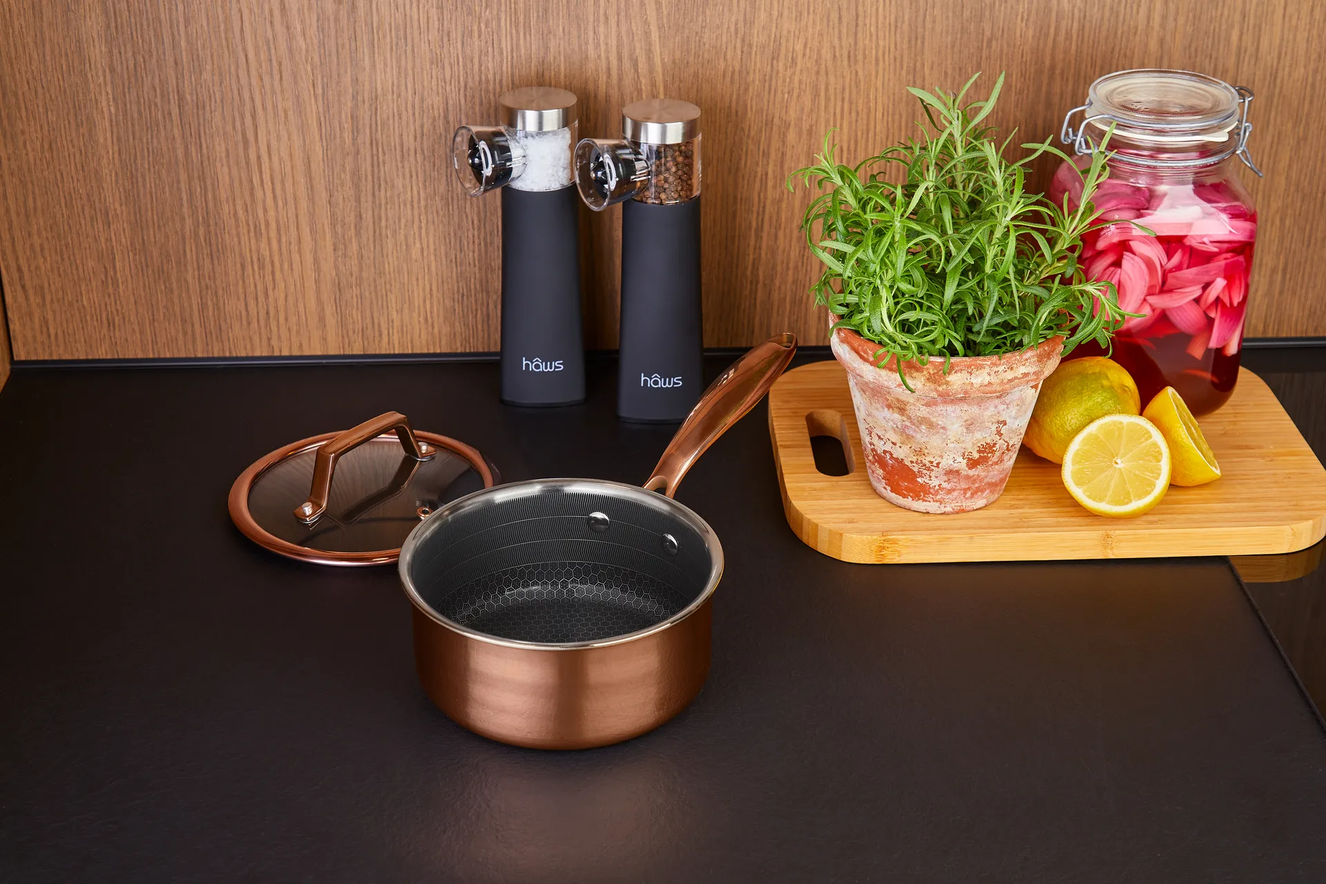 Hâws Santo Bratentopf mit Deckel Hybrid Coating 1,5 L, Rose Gold Hâws