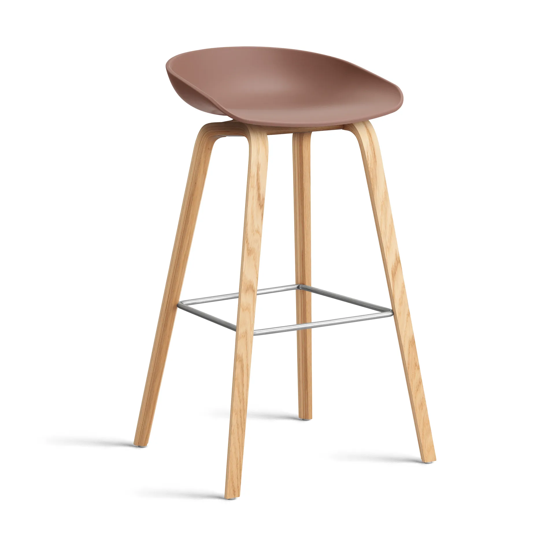 About a Stool 32 High Barhocker lackiertes Eichen­gestell 2.0, Soft brick-Edelstahlstütze HAY