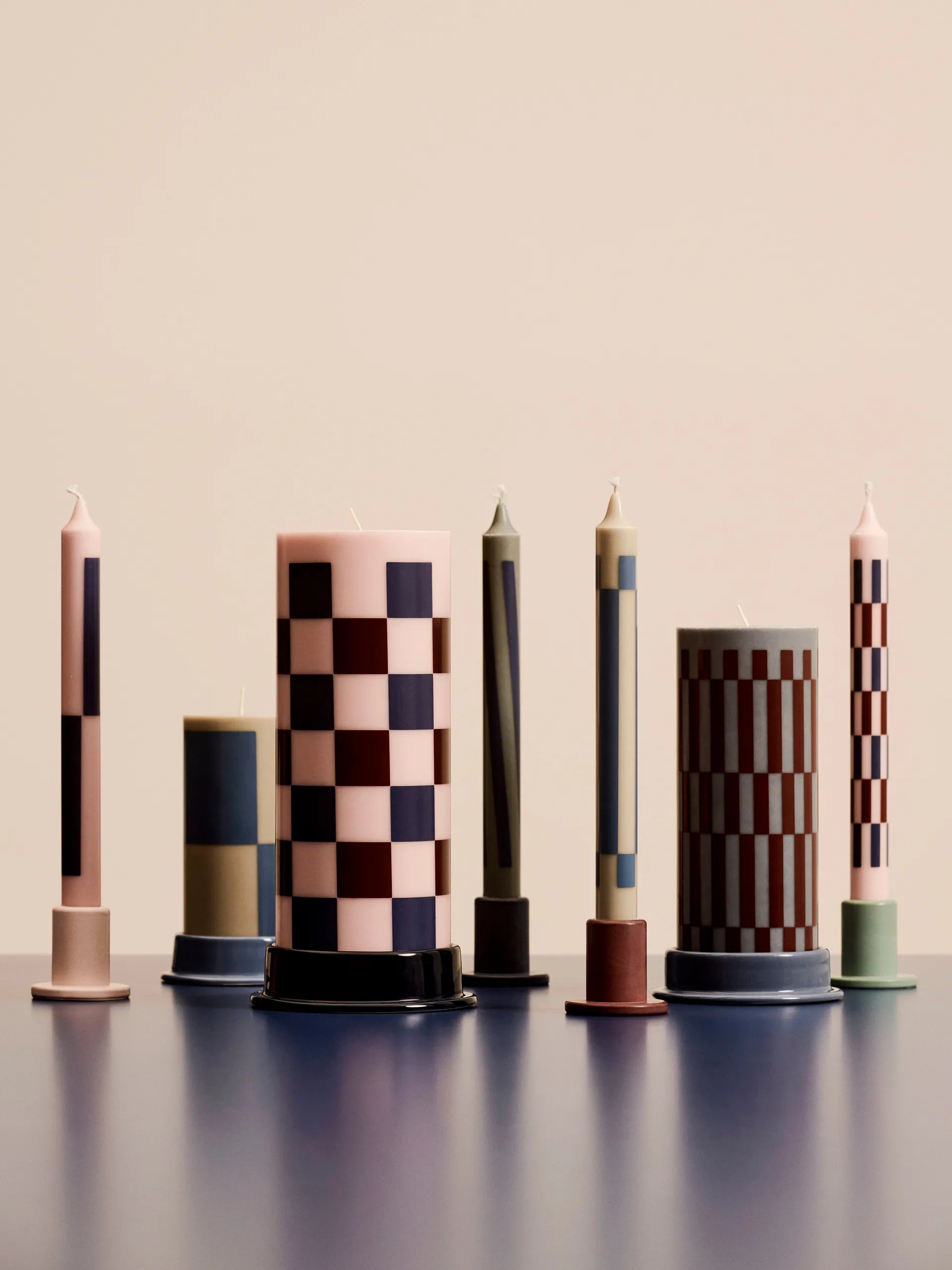 Column Candle Blockkerze large 25 cm, Pink-bordeaux-dark blue check HAY
