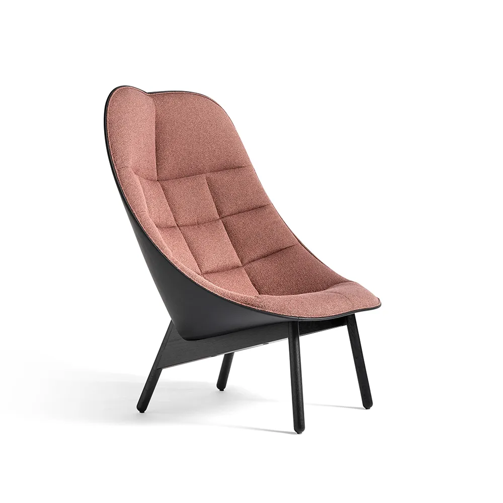 Uchiwa Quilt Loungesessel, 12 clementine-schwarz Eiche-schwarz Leder HAY