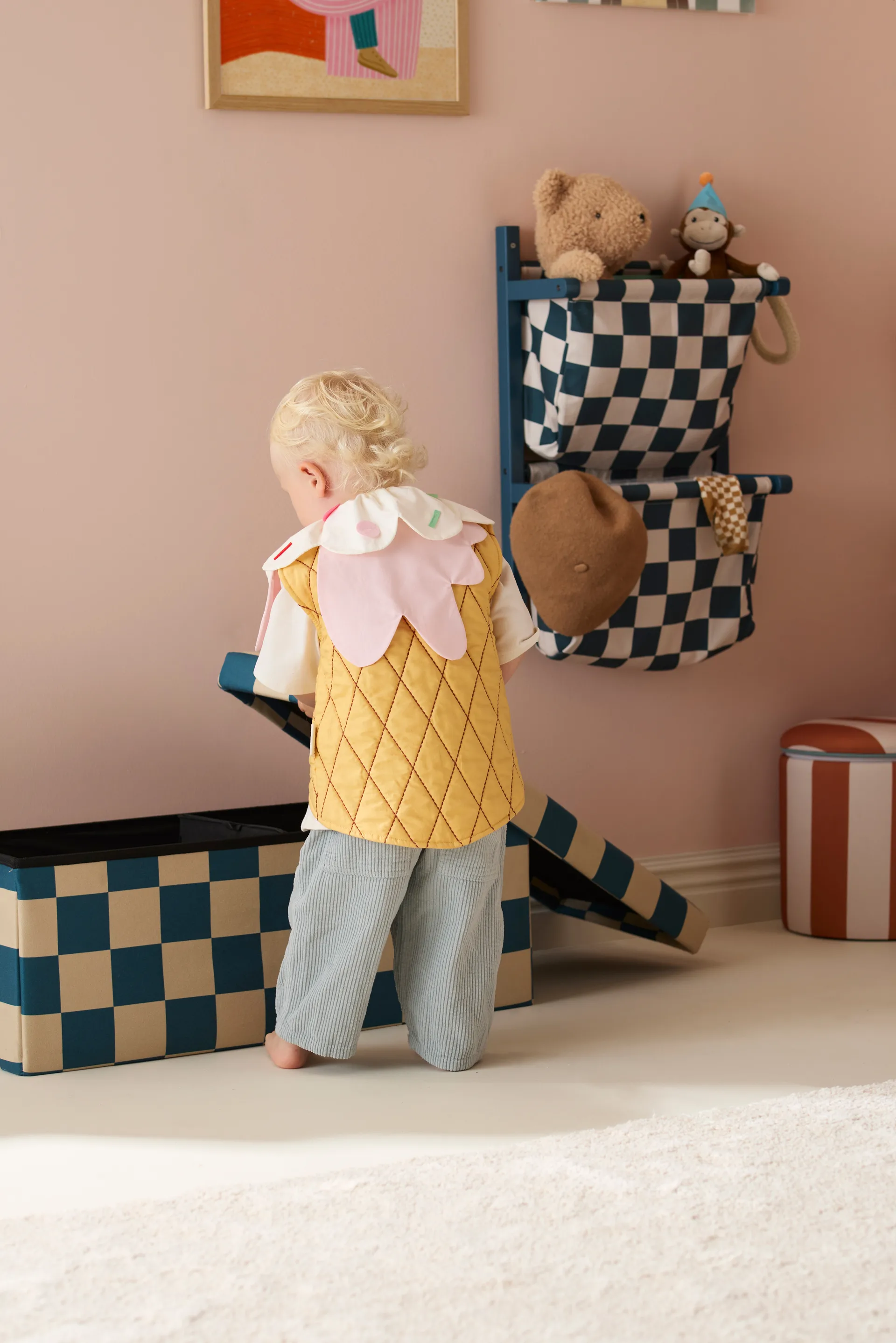 Pouf mit Stauraum kariert, Blaugrün, 80x30x30 cm Kid's Concept