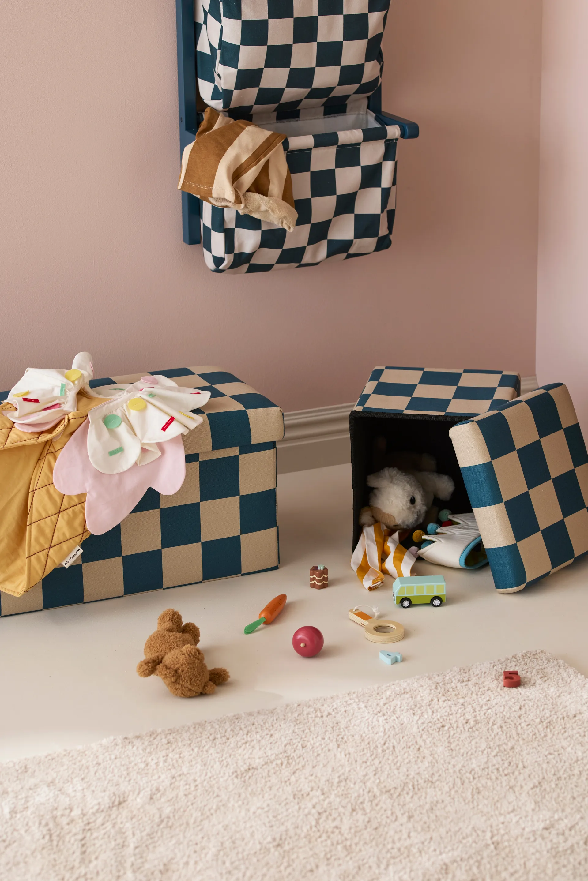 Pouf mit Stauraum kariert, Blaugrün, 80x30x30 cm Kid's Concept