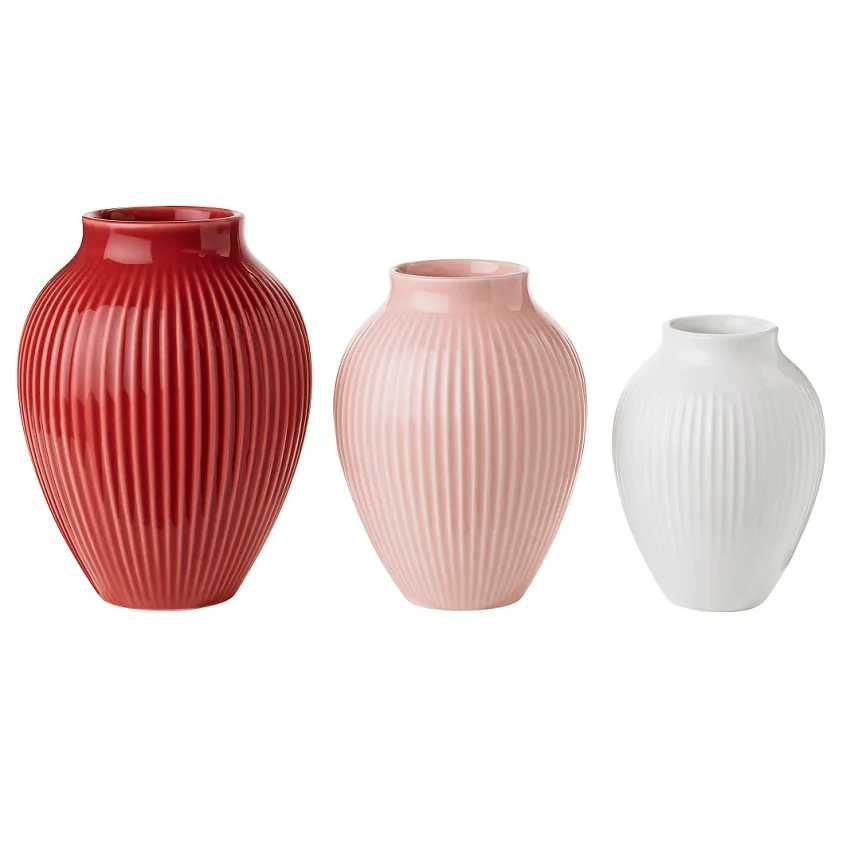 Knabstrup Vase geriffelt 3er Pack, Bordeaux -rosa-weiß Knabstrup Keramik
