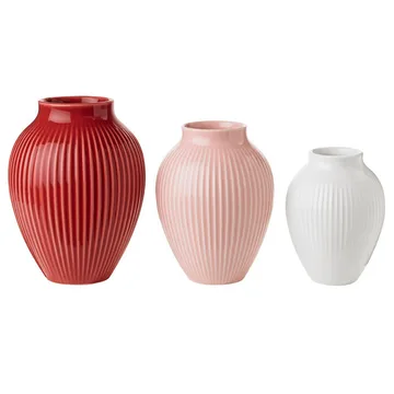 Knabstrup Vase geriffelt 3er Pack - Bordeaux -rosa-weiß - Knabstrup Keramik