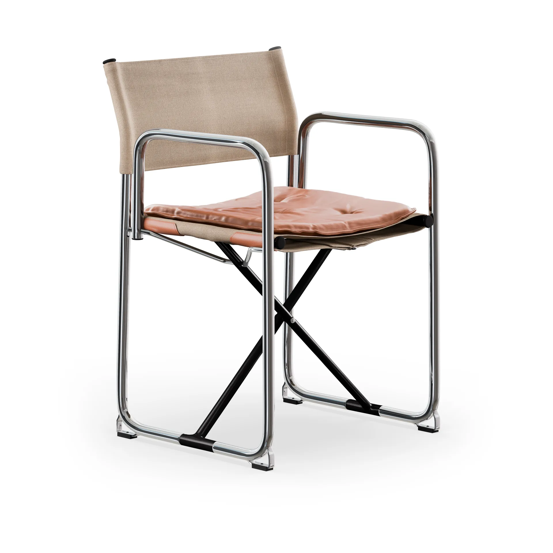 X75-2 Armlehnstuhl, Leinengewebe natur-Elmo Nordic Leder Cognac-verchromte Beine Lammhults