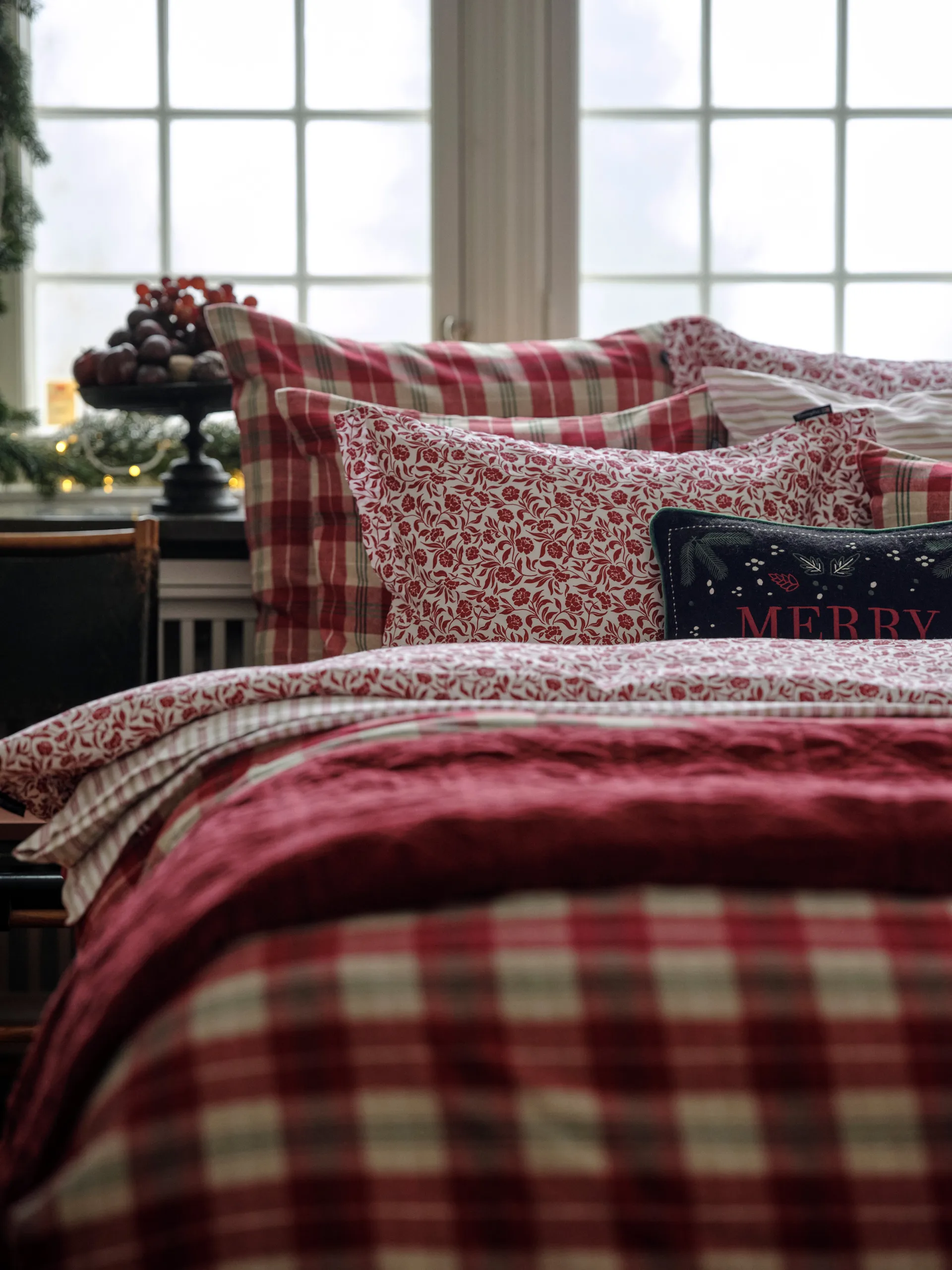 Checked Cotton Flanell Bettwäsche-Set, Rot-Beige-Grün-Weiß Lexington