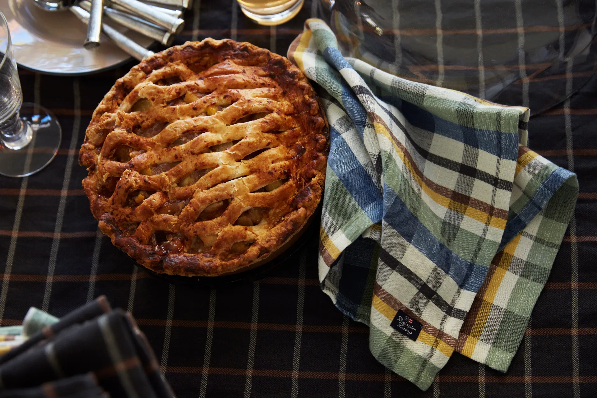 Checked Cotton Linen Tischdecke 150x250cm, Dark gray-beige Lexington