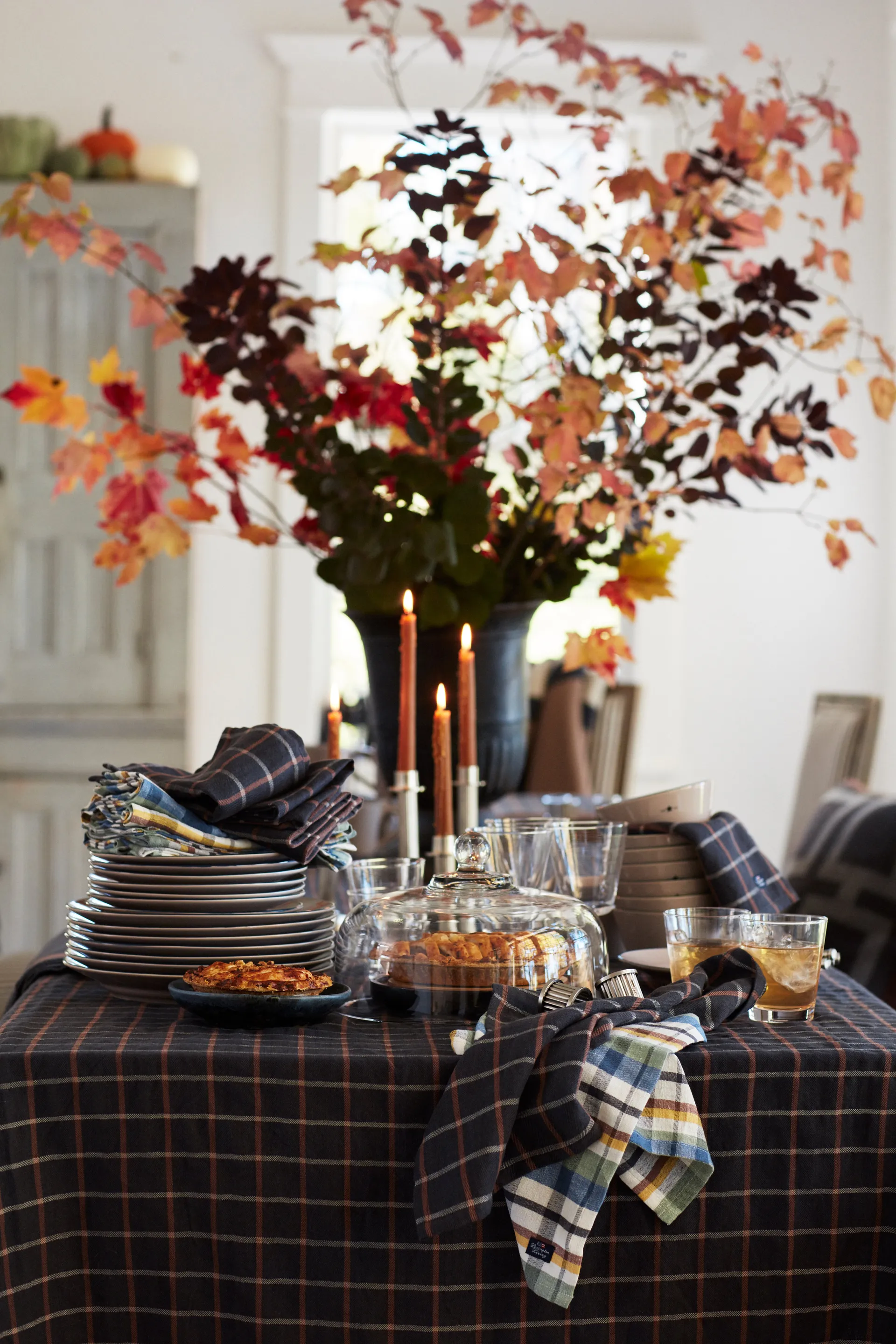 Checked Cotton Linen Tischdecke 150x250cm, Dark gray-beige Lexington