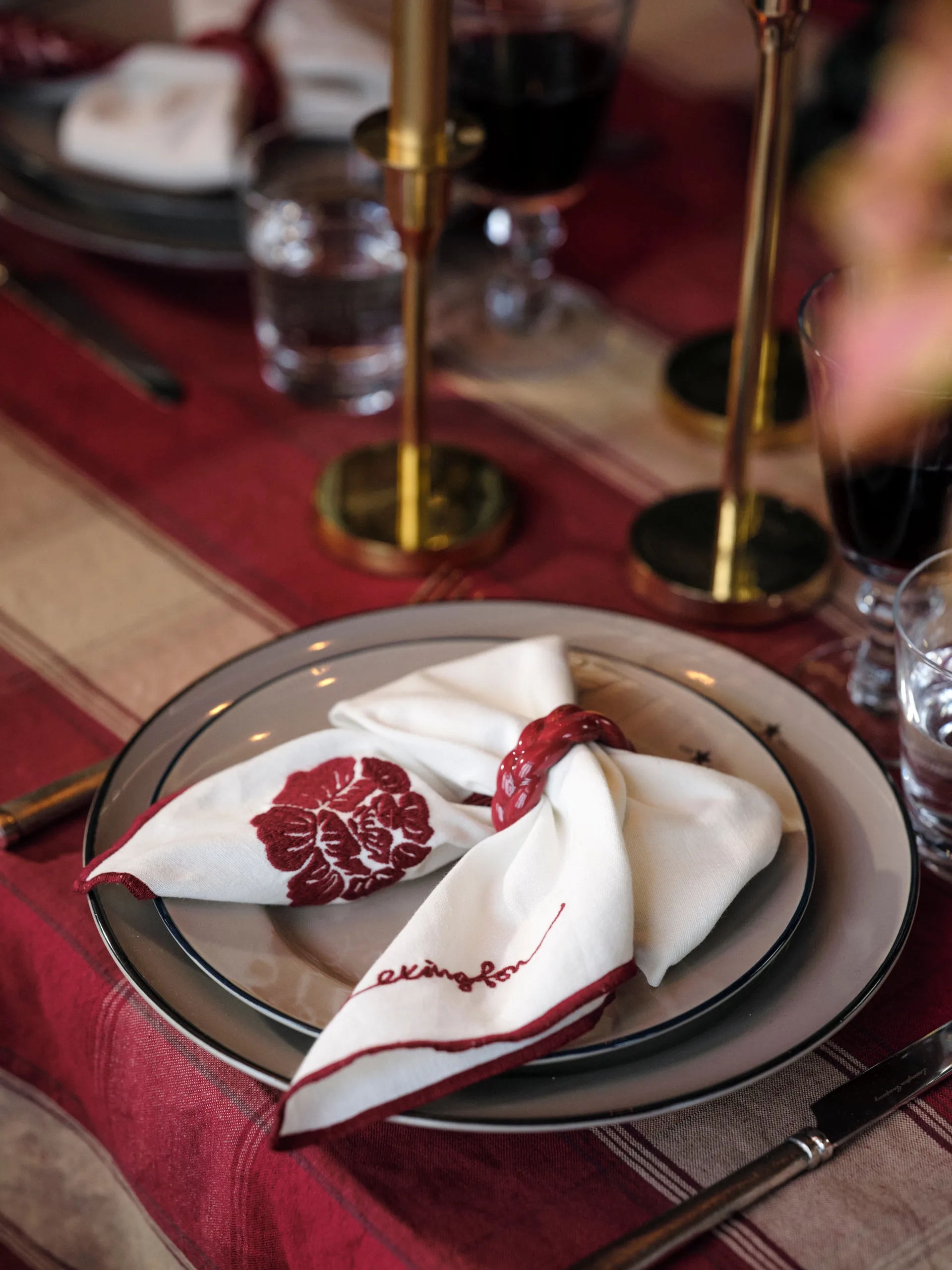 Checked Linen-Cotton Serviette 50x50 cm, Weiß-Rot Lexington